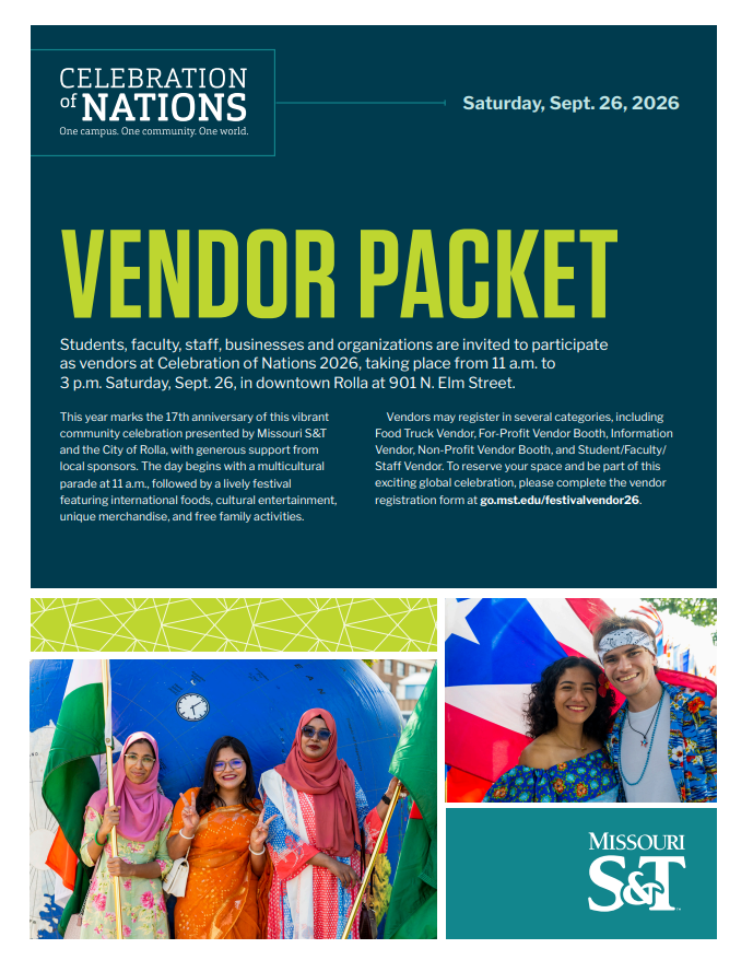 Vendor packet for Celebration of Nations 2026 on September 26 in Rolla, featuring diverse participants in colorful attire, promoting cultural unity.